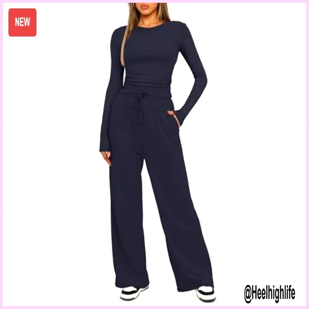 Women's Lounge Set Long Sleeve Top Wide Leg Pants Casual Matching Outfit